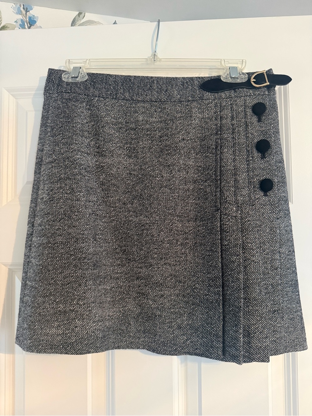 Milly of New York black Gray Tweed A-Line Skirt velvet Side Buttons buckle 6